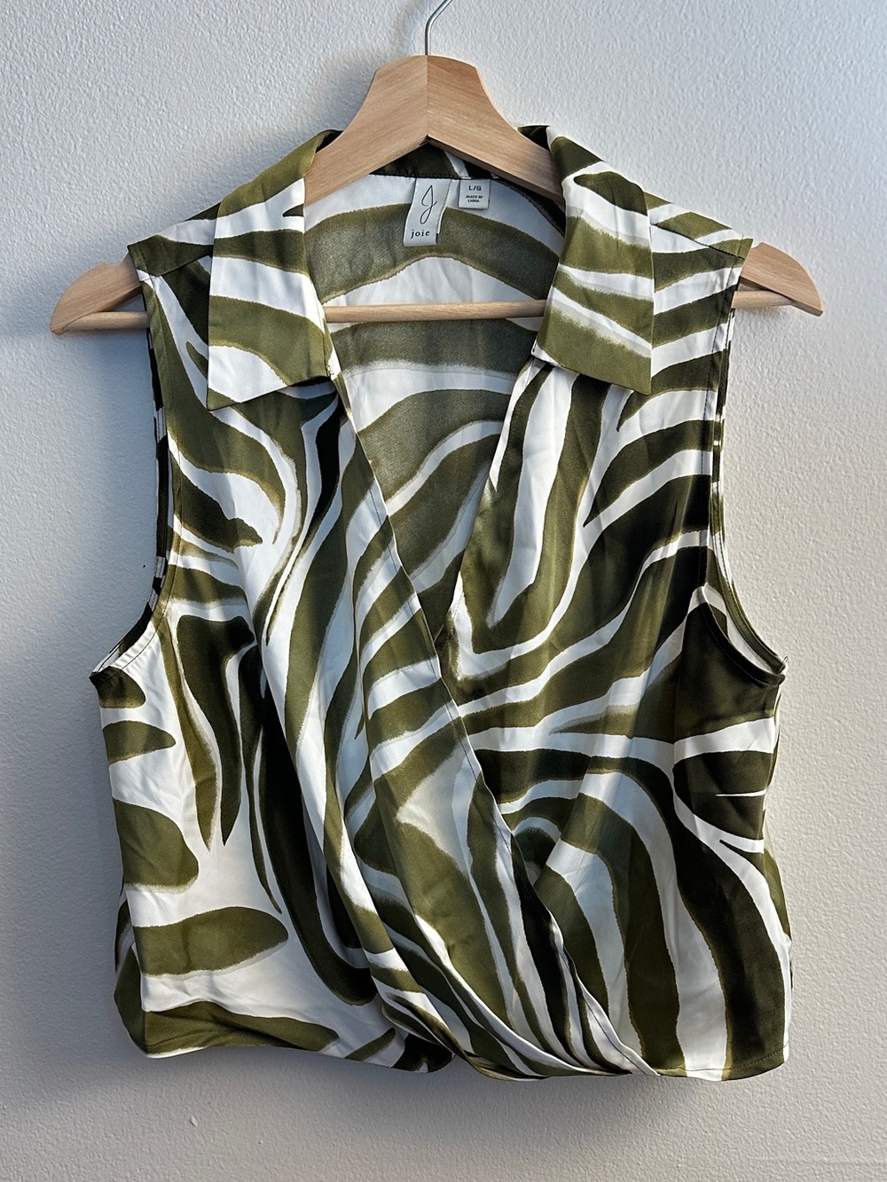Joie Zebra Olive Green and White Sleeveless Wrap Blouse